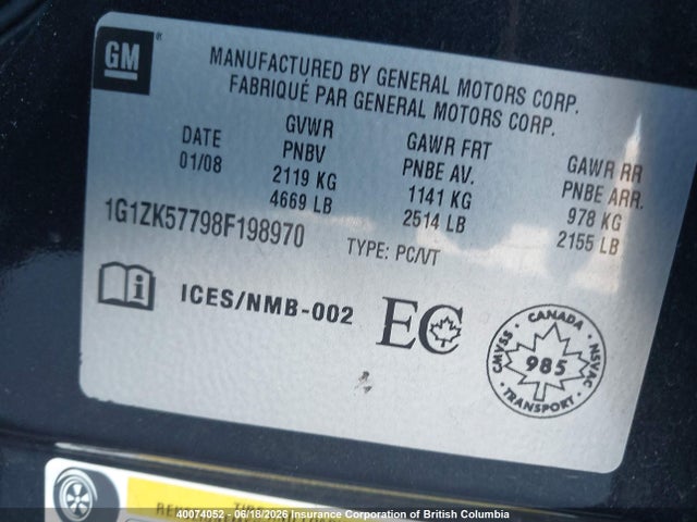 2008 Chevrolet Malibu Ltz მანქანა იყიდება აუქციონზე, vin: 1G1ZK57798F198970, აუქციონის ნომერი: 40074052