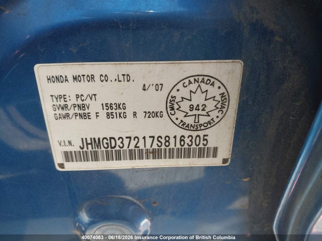 2007 Honda Fit მანქანა იყიდება აუქციონზე, vin: JHMGD37217S816305, აუქციონის ნომერი: 40074063