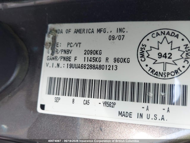 40074067 :رقم المزاد ، 19UUA66288A801213 vin ، 2008 Acura Tl مزاد بيع