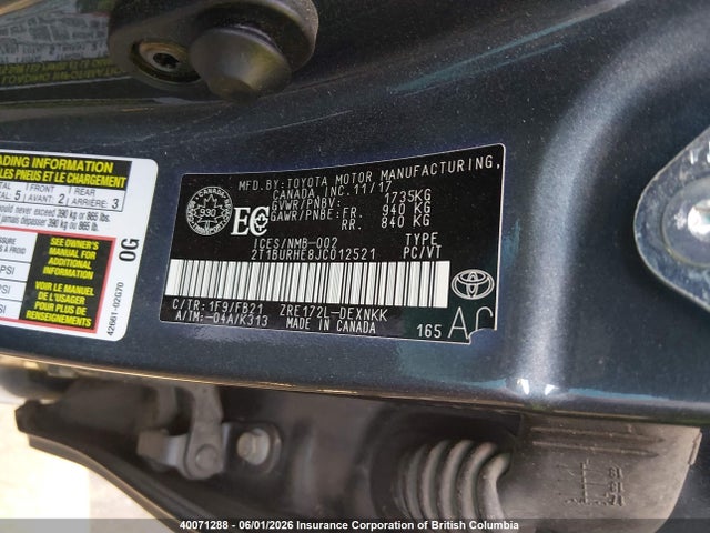 Продаж на аукціоні авто 2018 Toyota Corolla L/le/xle/se/xse, vin: 2T1BURHE8JC012521, номер лоту: 40071288