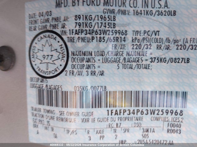 Продажа на аукционе авто 2003 Ford Focus Se/se Comfort/se Sport, vin: 1FAFP34P63W259968, номер лота: 40069333