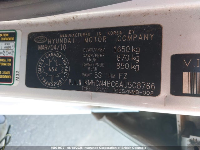 2010 Hyundai Accent Gl მანქანა იყიდება აუქციონზე, vin: KMHCN4BC6AU508766, აუქციონის ნომერი: 40074072