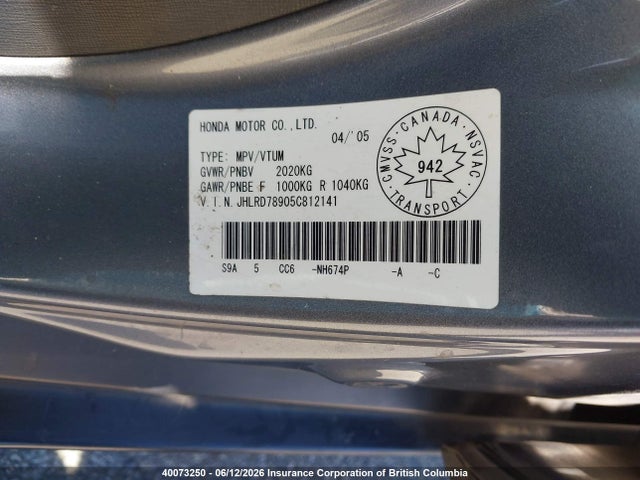Aukcja sprzedaży 2005 Honda Cr-v Se/ex, vin: JHLRD78905C812141, numer aukcji: 40073250