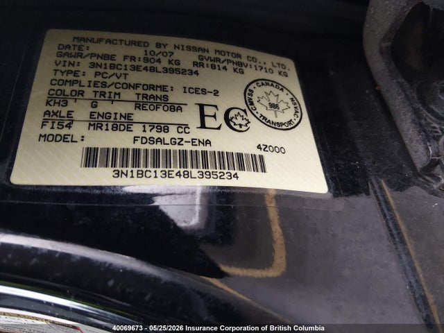 Продаж на аукціоні авто 2008 Nissan Versa 1.8sl, vin: 3N1BC13E48L395234, номер лоту: 40069673