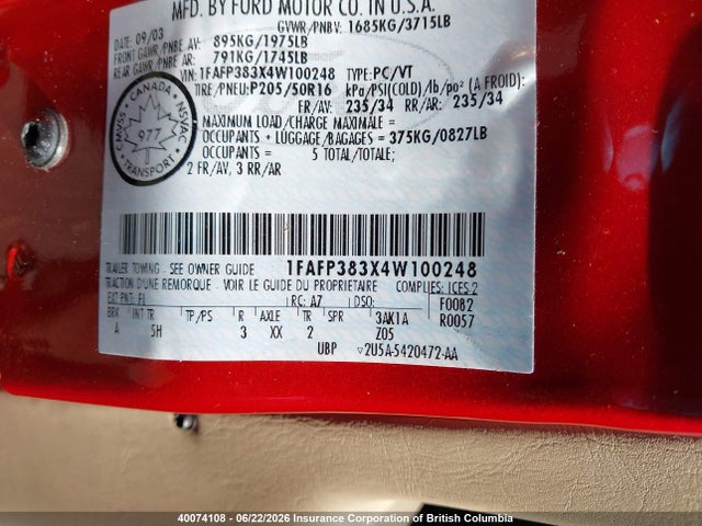 Продажа на аукционе авто 2004 Ford Focus, vin: 1FAFP383X4W100248, номер лота: 40074108