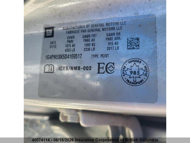 Auction sale of the 2013 Buick Verano, vin: 1G4PN5SK5D4169517, lot number: 40074114
