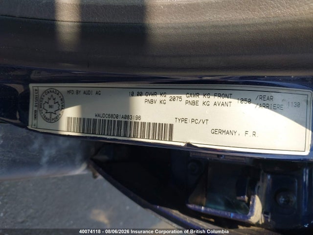 Aukcja sprzedaży 2001 Audi A4, vin: WAUDC68D01A083196, numer aukcji: 40074118