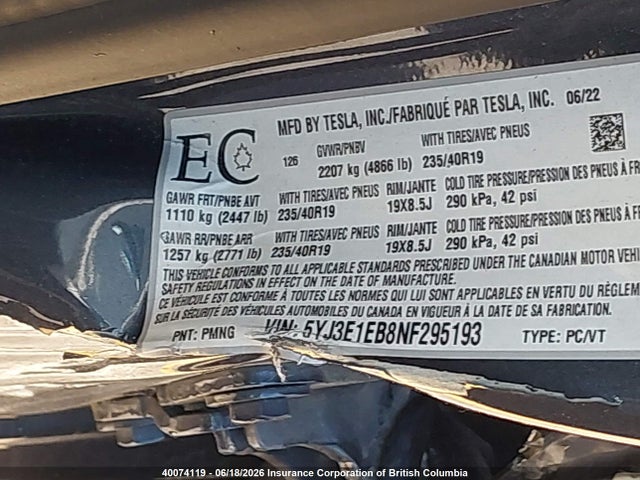 Tesla MODEL 3 2022 5YJ3E1EB8NF295193 Image 9
