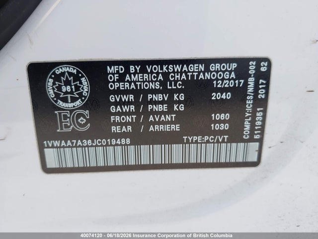 Продаж на аукціоні авто 2018 Volkswagen Passat S/r-line, vin: 1VWAA7A36JC019488, номер лоту: 40074120