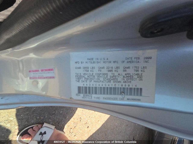 40074127 :رقم المزاد ، 4A3AC44G4YE108014 vin ، 2000 Mitsubishi Eclipse Gs مزاد بيع