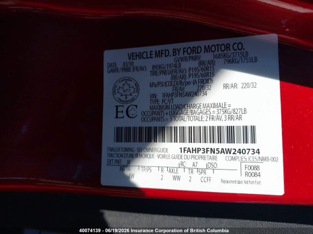 40074139 :رقم المزاد ، 1FAHP3FN5AW240734 vin ، 2010 Ford Focus مزاد بيع