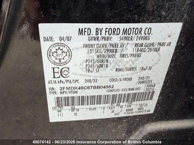 40074142 :رقم المزاد ، 2FMDK49C67BB04562 vin ، 2007 Ford Edge مزاد بيع