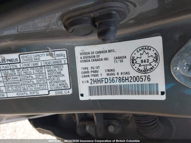 40074161 :رقم المزاد ، 2HHFD56786H200576 vin ، 2006 Acura Csx مزاد بيع