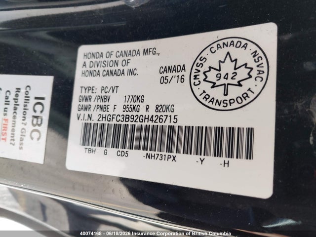 Продажа на аукционе авто 2016 Honda Civic, vin: 2HGFC3B92GH426715, номер лота: 40074168