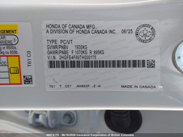 Honda Civic 2026 2HGFE4F89TH000175 Image 9