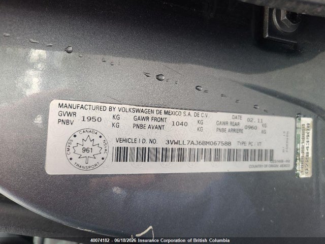 40074182 :رقم المزاد ، 3VWLL7AJ6BM067588 vin ، 2011 Volkswagen Jetta مزاد بيع