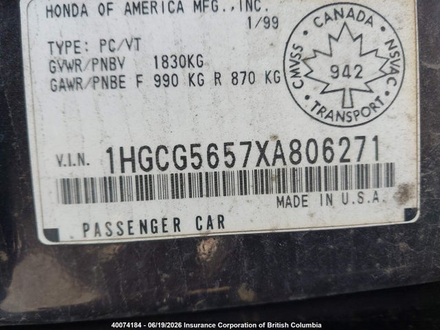 Продажа на аукционе авто 1999 Honda Accord Ex, vin: 1HGCG5657XA806271, номер лота: 40074184
