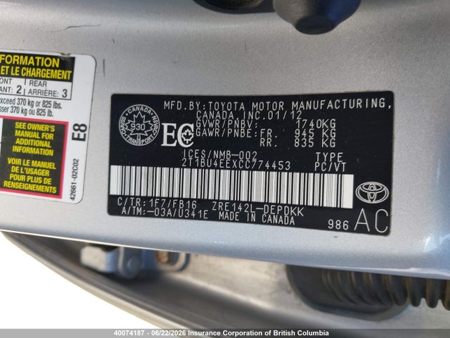 2012 Toyota Corolla Ce მანქანა იყიდება აუქციონზე, vin: 2T1BU4EEXCC774453, აუქციონის ნომერი: 40074187