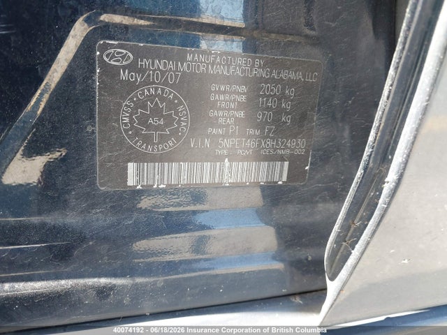 2008 Hyundai Sonata Gls მანქანა იყიდება აუქციონზე, vin: 5NPET46FX8H324930, აუქციონის ნომერი: 40074192