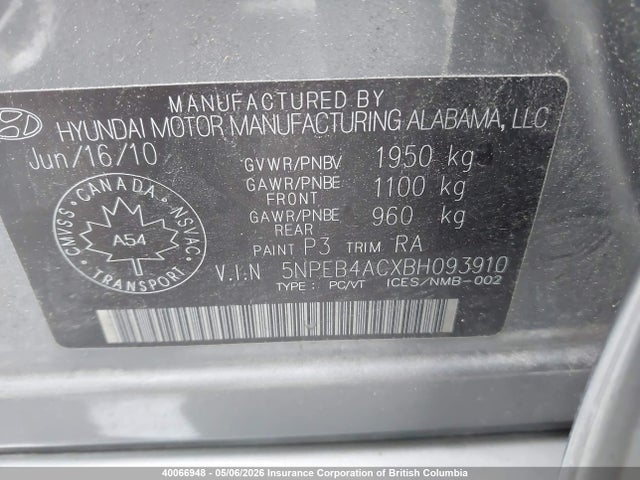2011 Hyundai Sonata Gls მანქანა იყიდება აუქციონზე, vin: 5NPEB4ACXBH093910, აუქციონის ნომერი: 40066948