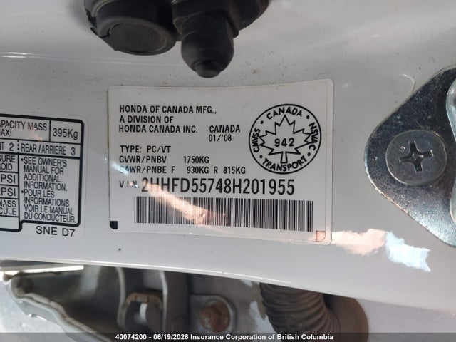 40074200 :رقم المزاد ، 2HHFD55748H201955 vin ، 2008 Acura Csx مزاد بيع