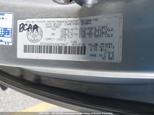 2004 Toyota Sienna Ce მანქანა იყიდება აუქციონზე, vin: 5TDZA29C24S015647, აუქციონის ნომერი: 40074201