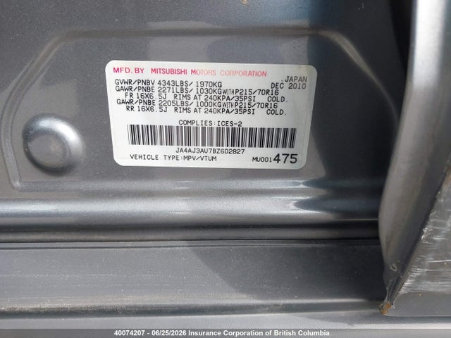 2011 Mitsubishi Rvr მანქანა იყიდება აუქციონზე, vin: JA4AJ3AU7BZ602827, აუქციონის ნომერი: 40074207
