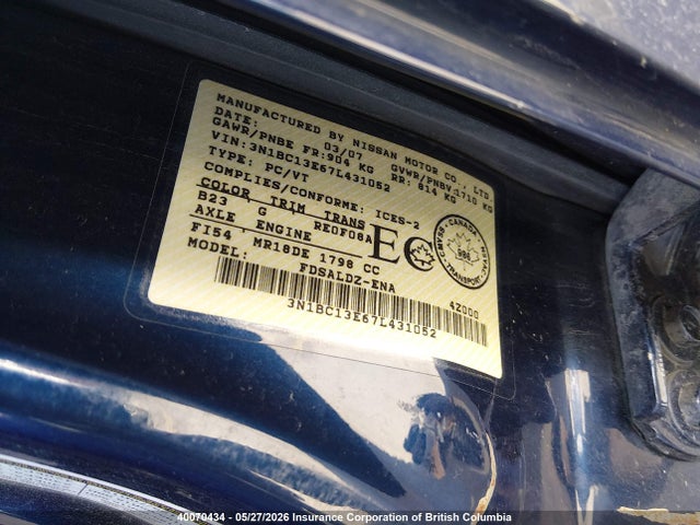 Aukcja sprzedaży 2007 Nissan Versa S/sl, vin: 3N1BC13E67L431052, numer aukcji: 40070434