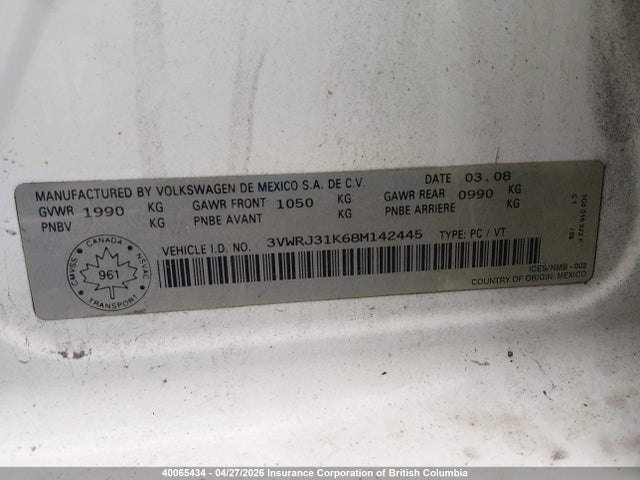 Продаж на аукціоні авто 2008 Volkswagen Jetta 2.0t, vin: 3VWRJ31K68M142445, номер лоту: 40065434