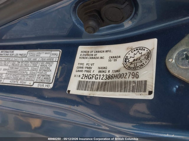2006 Honda Civic Dx-g მანქანა იყიდება აუქციონზე, vin: 2HGFG12386H002796, აუქციონის ნომერი: 40068250