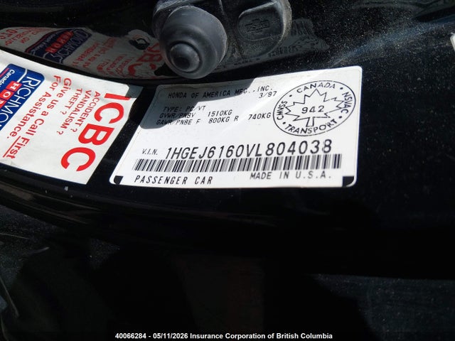 1997 Honda Civic Dx მანქანა იყიდება აუქციონზე, vin: 1HGEJ6160VL804038, აუქციონის ნომერი: 40066284