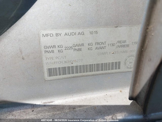 40074245 :رقم المزاد ، WAUFFCFL9GN015277 vin ، 2016 Audi A4 مزاد بيع