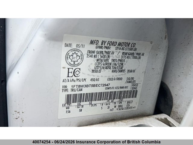 40074254 :رقم المزاد ، 1FT8W3BT5BEC72947 vin ، 2011 Ford F350 مزاد بيع