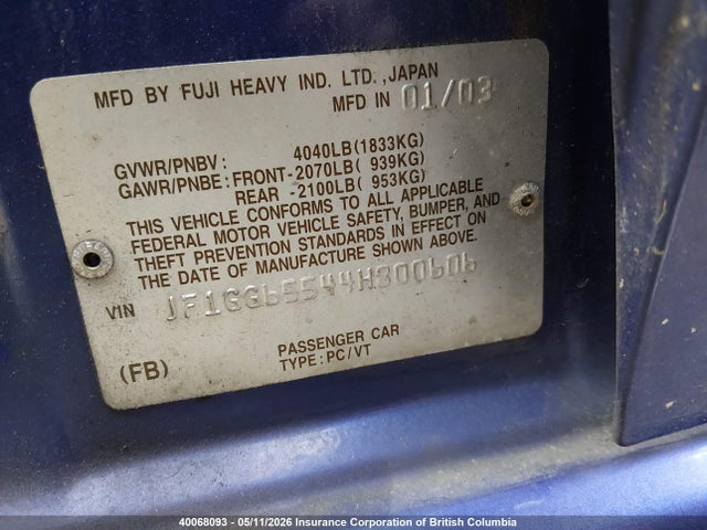 40068093 :رقم المزاد ، JF1GG65544H800606 vin ، 2004 Subaru Impreza Ts مزاد بيع