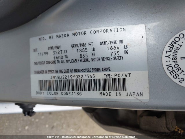 Продажа на аукционе авто 2000 Mazda Protege Es, vin: JM1BJ2219Y0227545, номер лота: 40071711
