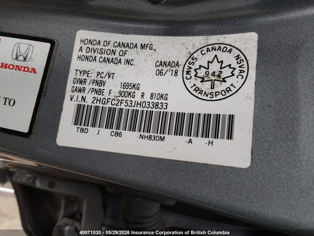 Продаж на аукціоні авто 2018 Honda Civic Lx, vin: 2HGFC2F53JH033833, номер лоту: 40071030