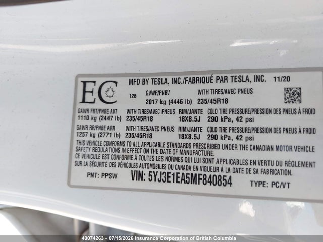 Auction sale of the 2021 Tesla Model 3, vin: 5YJ3E1EA5MF840854, lot number: 40074263