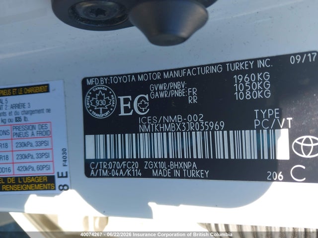 Продаж на аукціоні авто 2018 Toyota C-hr, vin: NMTKHMBX3JR035969, номер лоту: 40074267