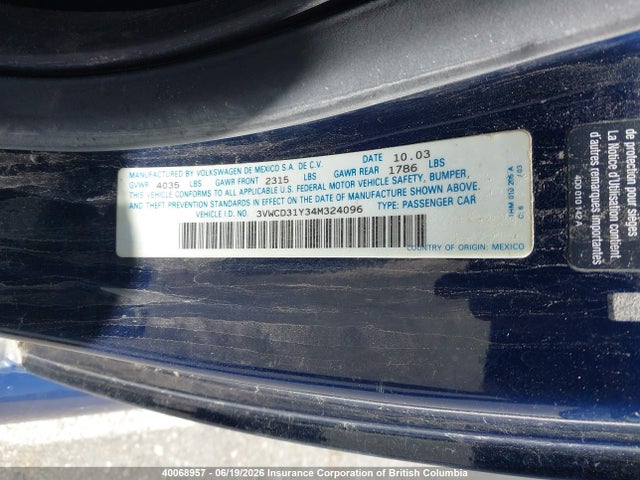 Продажа на аукционе авто 2004 Volkswagen New Beetle Gls, vin: 3VWCD31Y34M324096, номер лота: 40068957