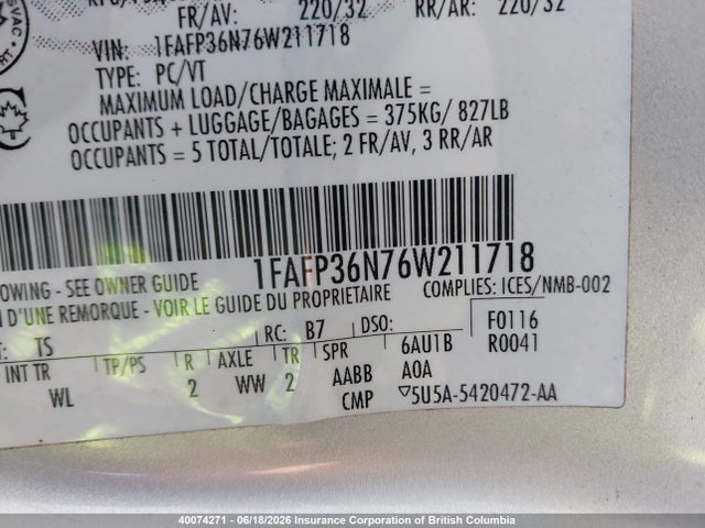 2006 Ford Focus მანქანა იყიდება აუქციონზე, vin: 1FAFP36N76W211718, აუქციონის ნომერი: 40074271