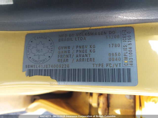 2007 Volkswagen Golf მანქანა იყიდება აუქციონზე, vin: 9BWEL41J874006228, აუქციონის ნომერი: 40074273