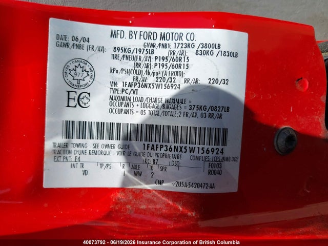 40073792 :رقم المزاد ، 1FAFP36NX5W156924 vin ، 2005 Ford Focus Zxw مزاد بيع