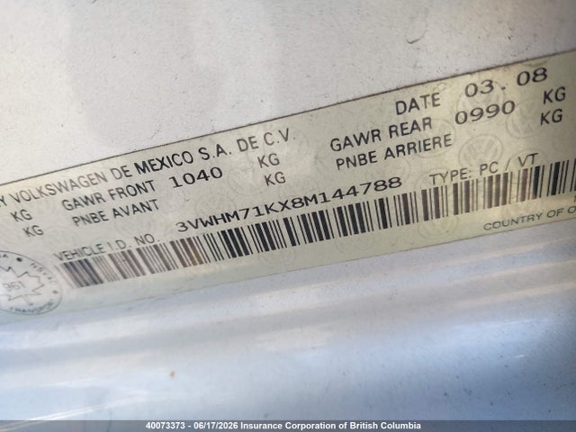 40073373 :رقم المزاد ، 3VWHM71KX8M144788 vin ، 2008 Volkswagen Jetta S مزاد بيع