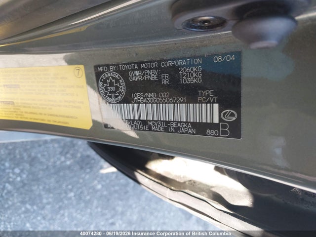40074280 :رقم المزاد ، JTHBA30G055067291 vin ، 2005 Lexus Es330 مزاد بيع