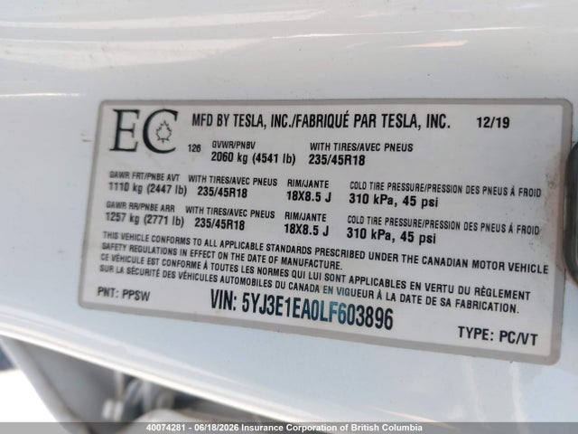 2020 Tesla Model 3 მანქანა იყიდება აუქციონზე, vin: 5YJ3E1EA0LF603896, აუქციონის ნომერი: 40074281
