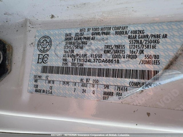40074283 :رقم المزاد ، 1FTNS24L37DA68618 vin ، 2007 Ford E-series مزاد بيع