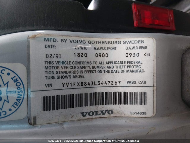 40070301 :رقم المزاد ، YV1FX8843L3447267 vin ، 1990 Volvo 740 Gl مزاد بيع