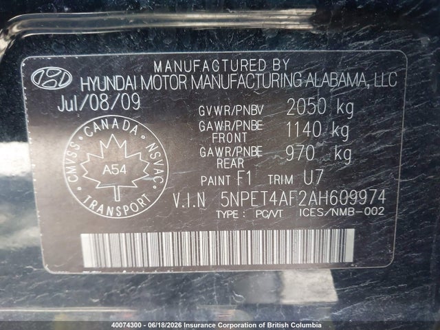 Продаж на аукціоні авто 2010 Hyundai Sonata, vin: 5NPET4AF2AH609974, номер лоту: 40074300