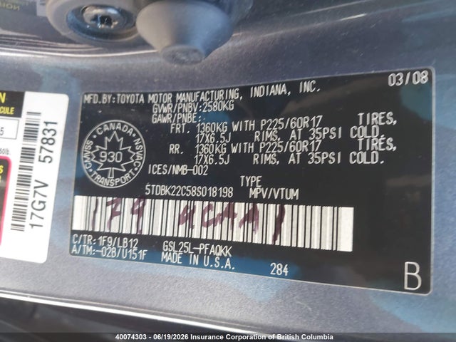 Aukcja sprzedaży 2008 Toyota Sienna Xle/xle Limited, vin: 5TDBK22C58S018198, numer aukcji: 40074303