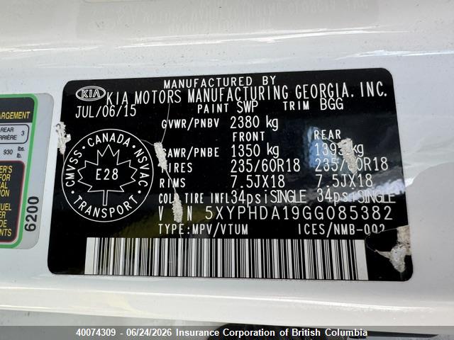 Aukcja sprzedaży 2016 Kia Sorento Ex, vin: 5XYPHDA19GG085382, numer aukcji: 40074309
